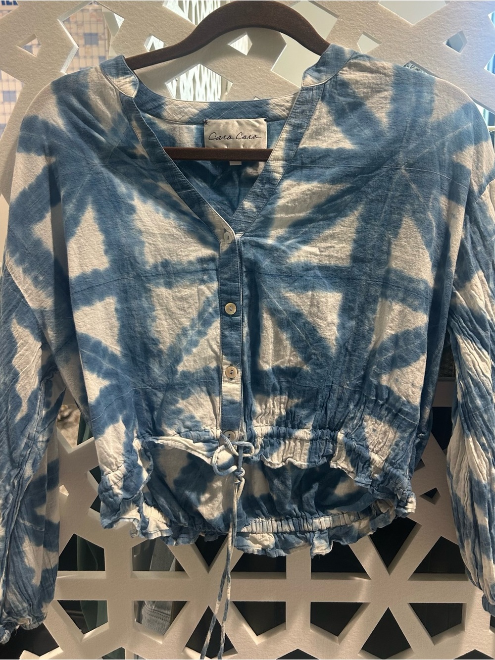 Cara Cara Indigo & White Tie-Dye Drawstring Button Top